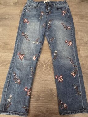 Cato Blue Denim Jeans with Red & Cream Floral Embroidery